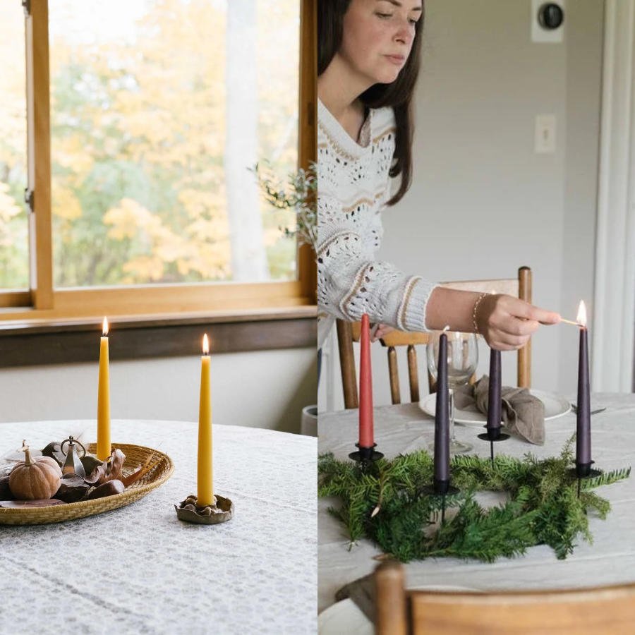 A split lifestyle scene showing a table with lit taper candles in holders, including a woman lighting a dark purple candle in a wooden chair at a dining table decorated with a green garland.