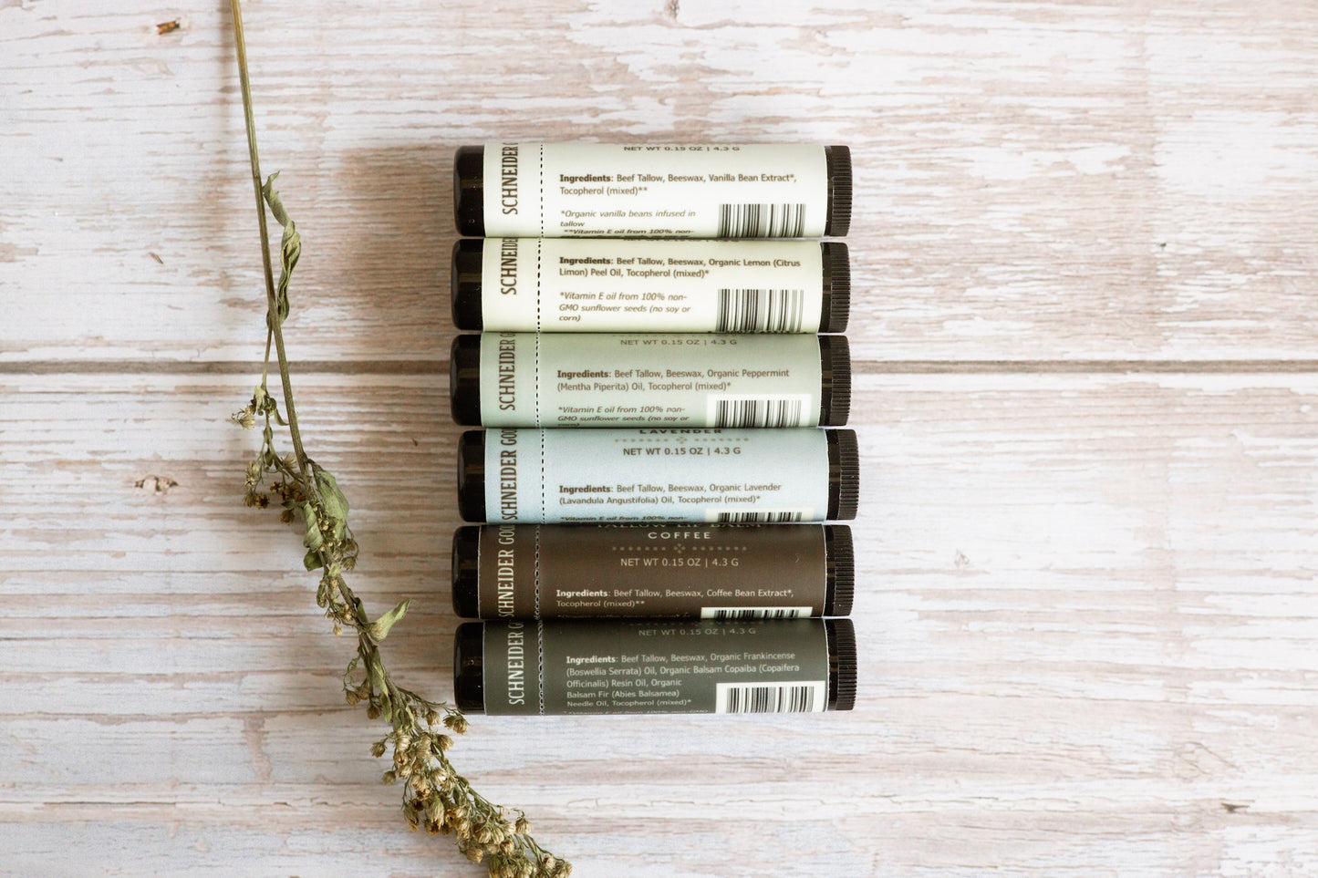Set of tallow lip balm tubes on a wooden surface with a plant stem.