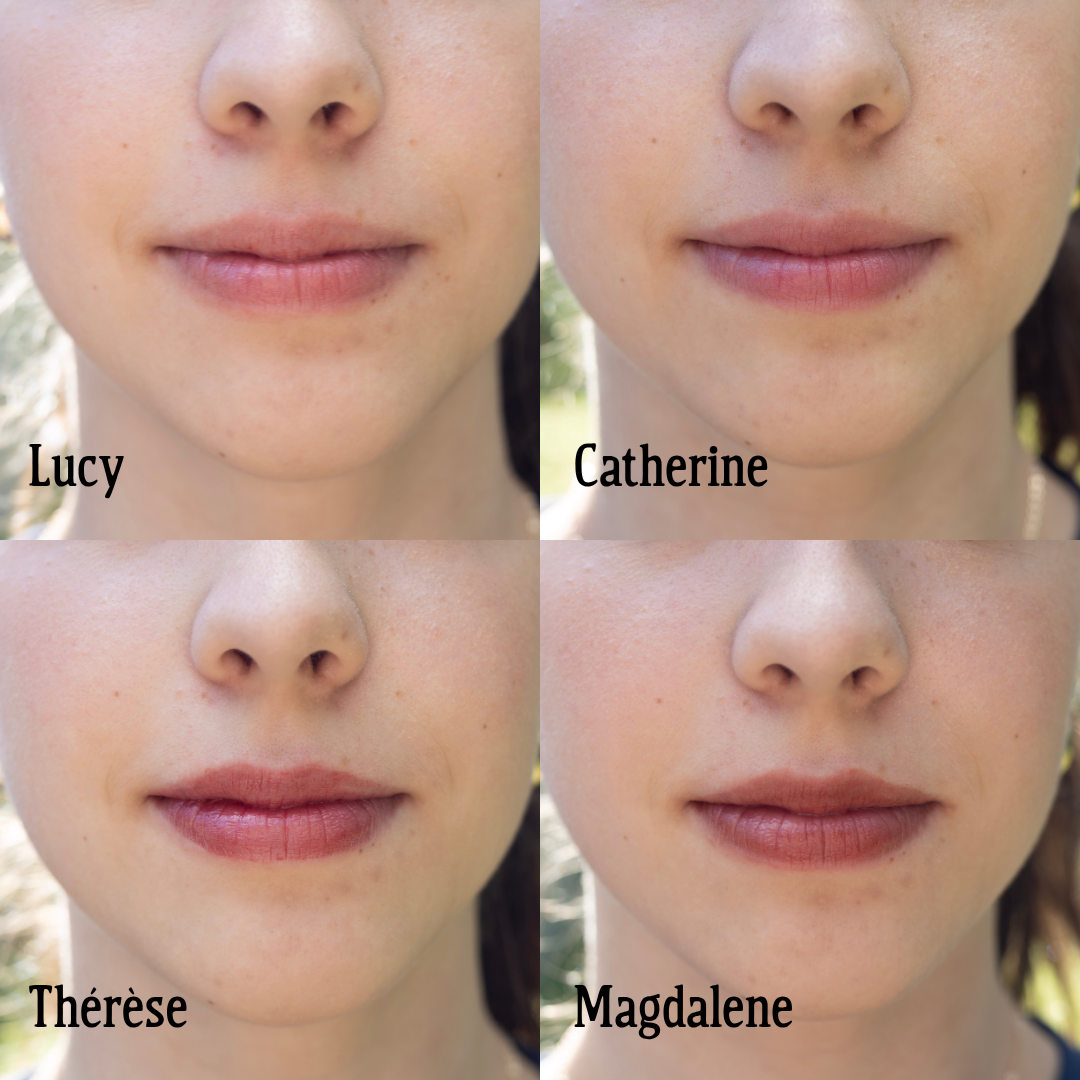 Four close-up views of a person's lips labeled 'Lucy', 'Catherine', 'Therèse', and 'Magdalene'.