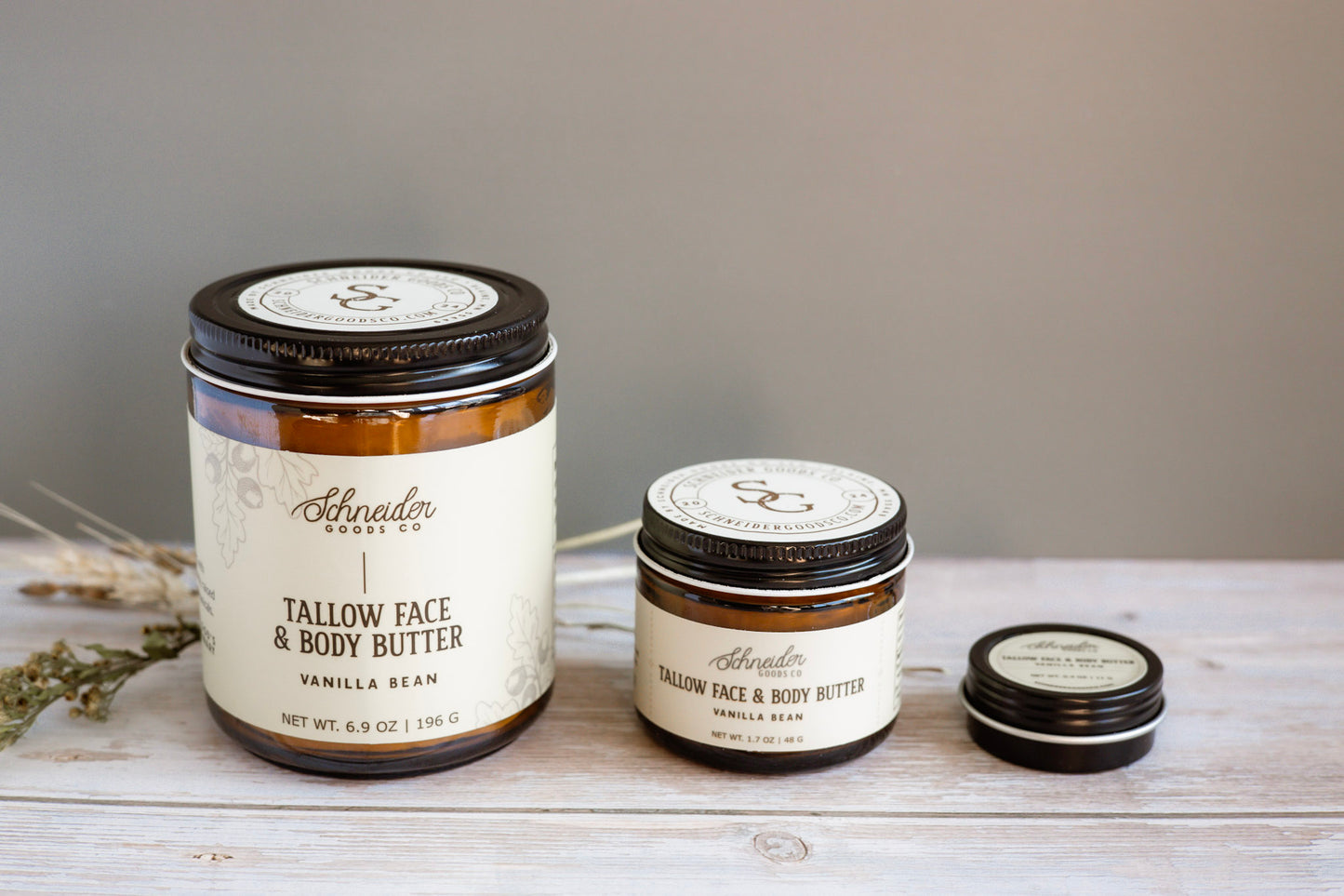 three sizes of vanilla bean tallow butter